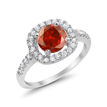Solitaire Accent Halo Wedding Ring Round Simulated Garnet CZ 925 Sterling Silver